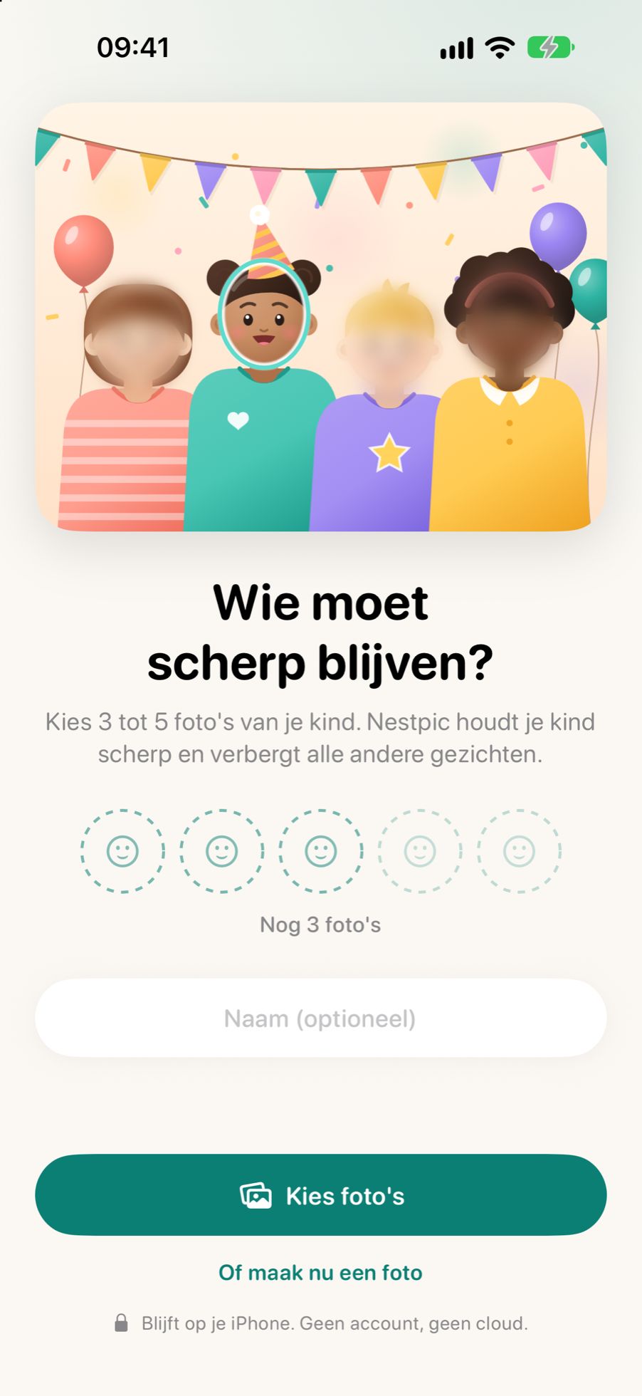 Het eerste scherm van Nestpic, dat vraagt wie scherp moet blijven