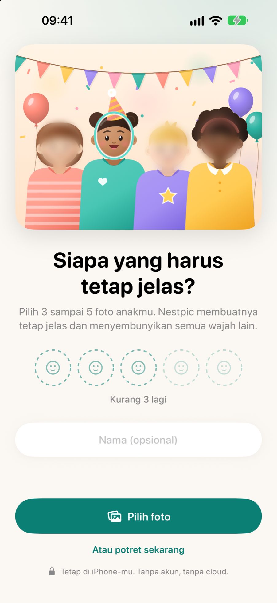 Layar pertama Nestpic yang menanyakan siapa yang harus tetap jelas