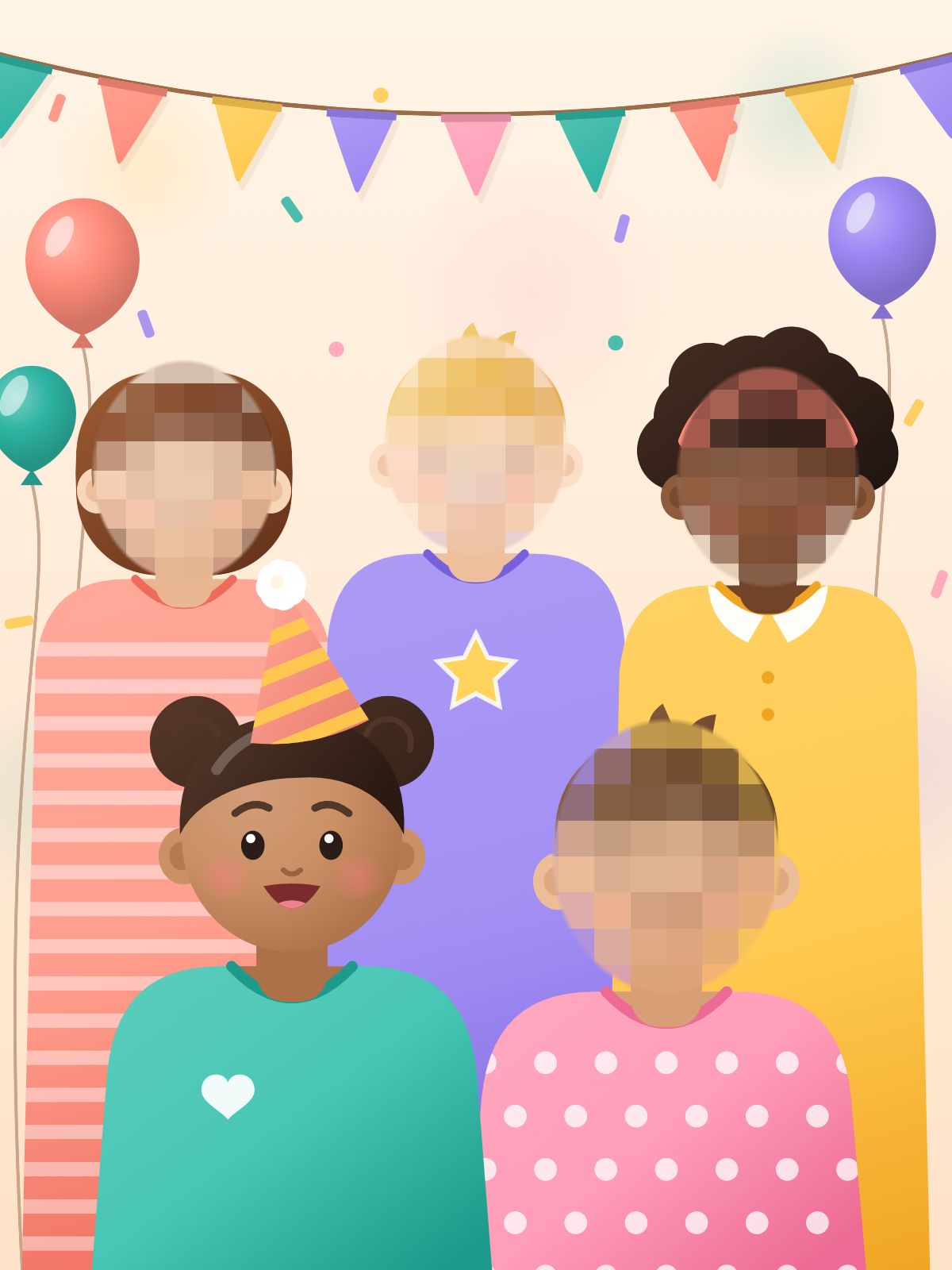 Dasselbe Gruppenfoto, die anderen Kinder unkenntlich: Pixel